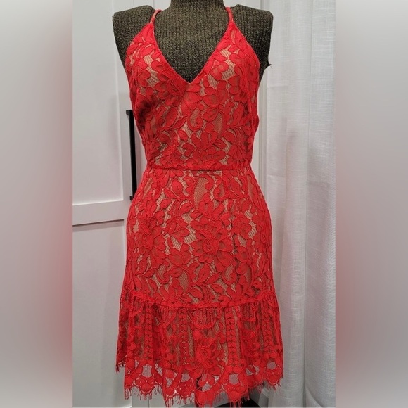 Wayf Cherry red 3D lace embroidered ruffle sleeveless dress v-neck lined Small S - Picture 1 of 8